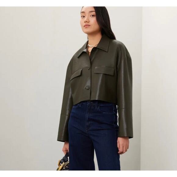 Nanushka Jacket Womens Small Holleen Solid Green Faux Leather Collared - Picture 3 of 13